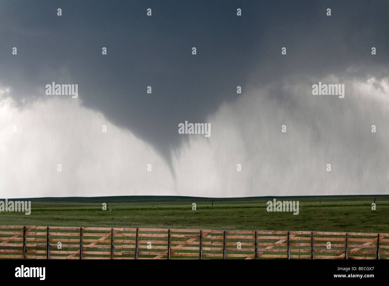 A tornado lowers from the sky in Goshen County, Wyoming, USA, June 5, 2009. Stock Photo