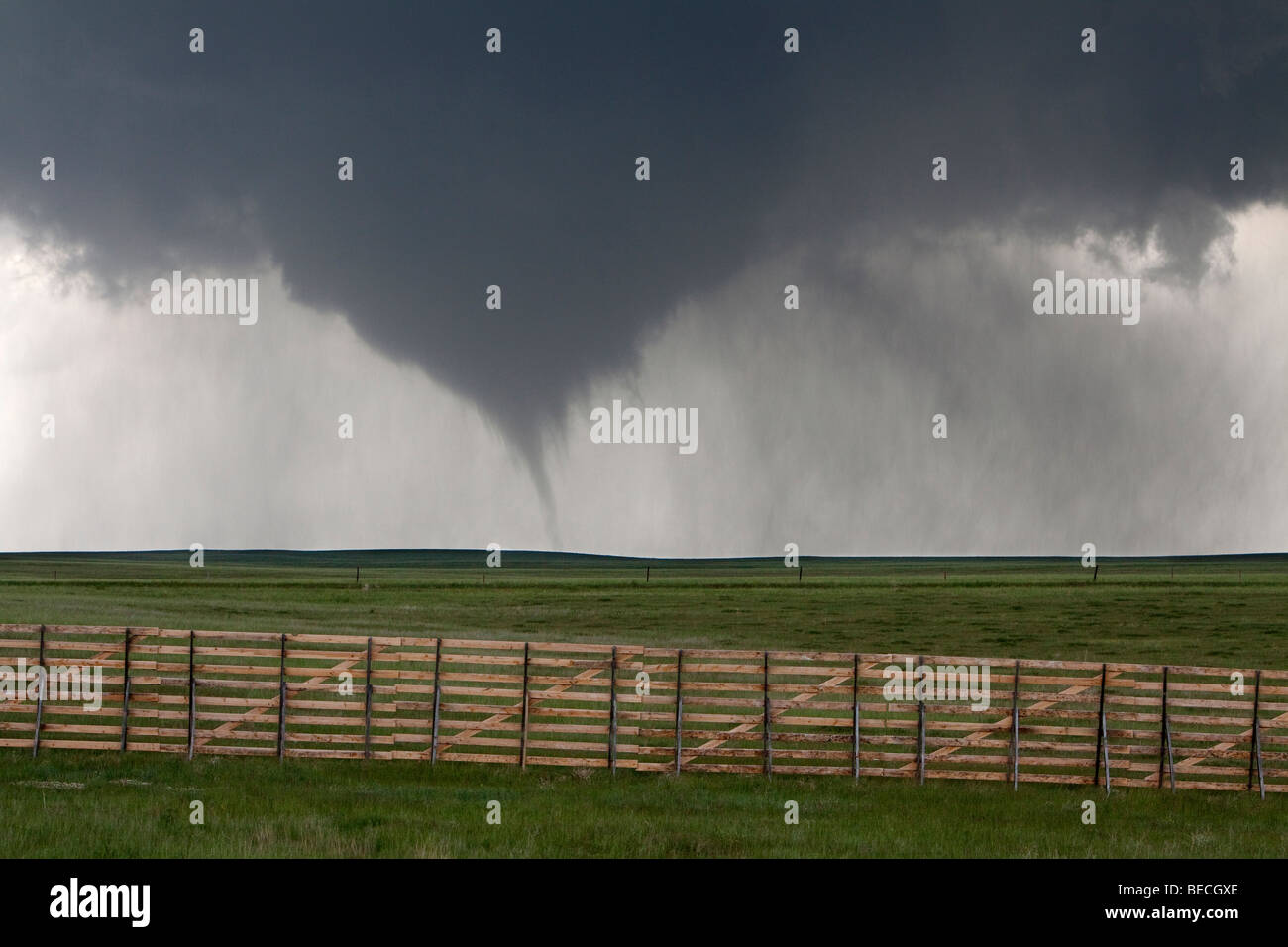 A tornado lowers from the sky in Goshen County, Wyoming, USA, June 5, 2009. Stock Photo