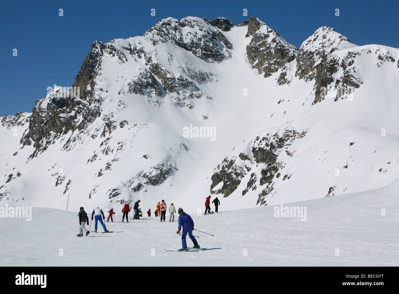 Alpine sportspeople on the plateau Trais Fluors, St. Moritz, Oberengadin, Graubuenden, Switzerland Stock Photo