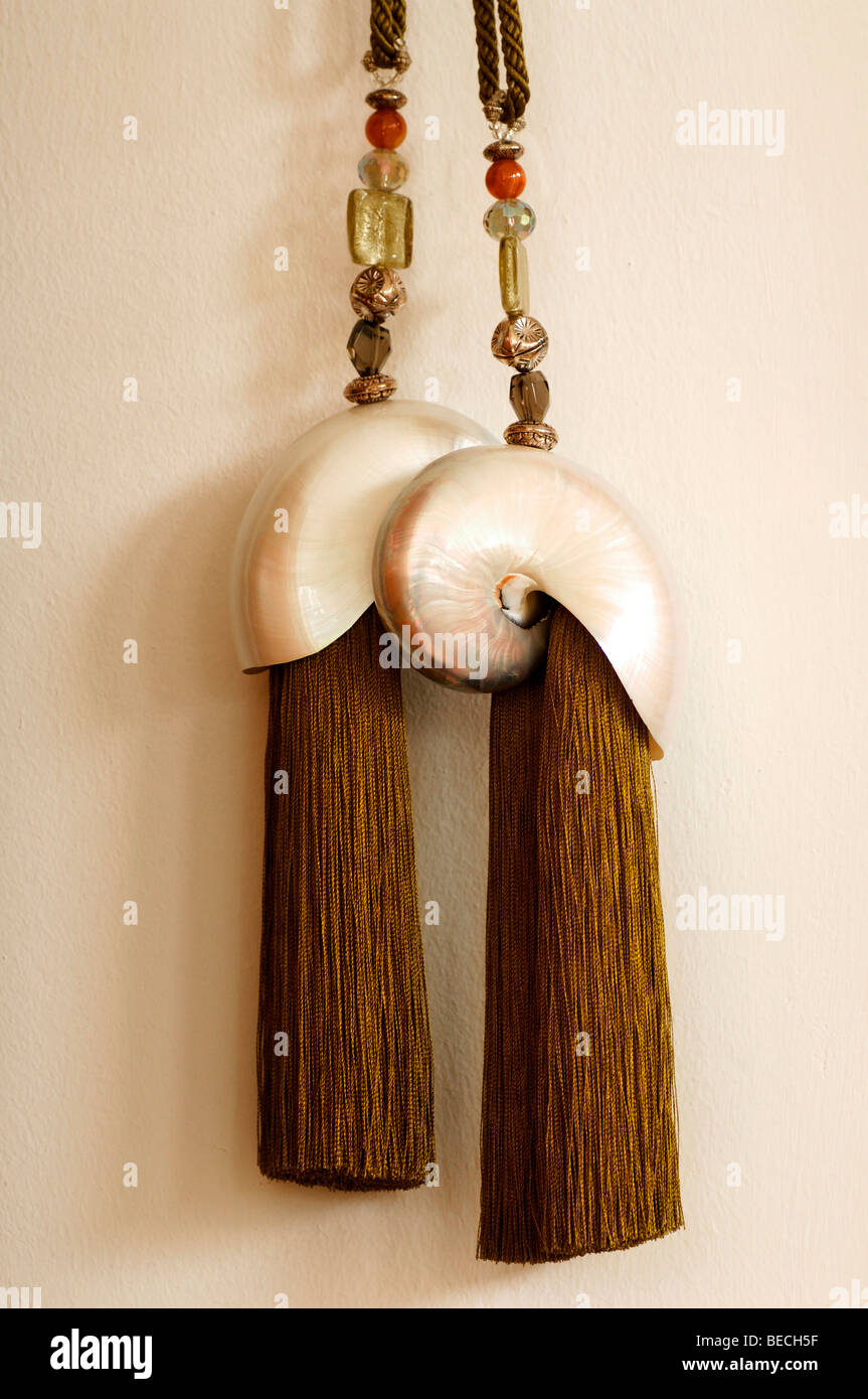 Golden tassels with pearl-white shells, Villa Ambiente, Nuremberg, Middle Franconia, Bavaria, Germany, Europe Stock Photo