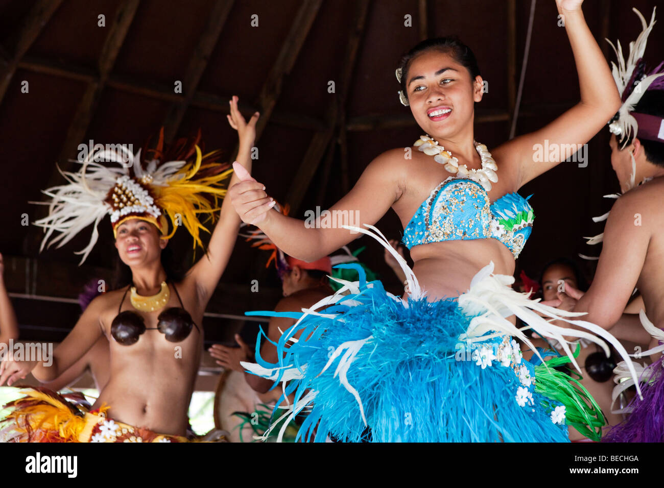 Traditional polynesian dancers on Rarotonga in The Cook Islands in The South Pacific Stock Photo