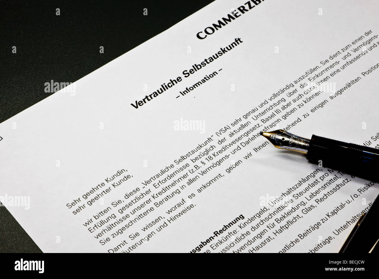 Form for the disclosure of confidential information, for bank transactions Stock Photo