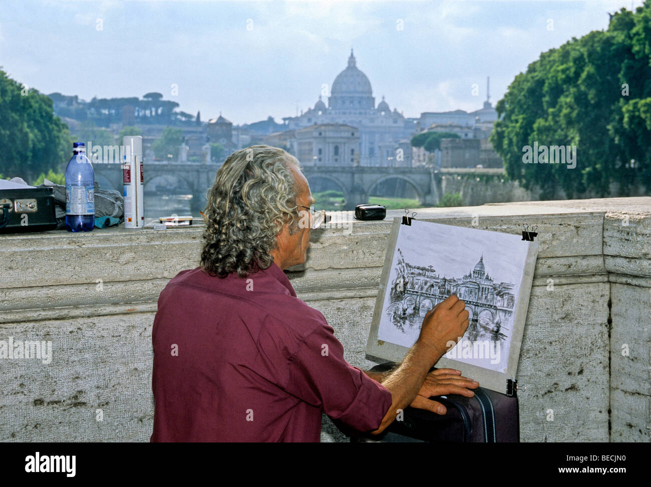 Artist drawing St. Peter's Basilica, Basilica di San Pietro, with Ponte Sant'Angelo, Rome, Latium, Italy, Europe Stock Photo