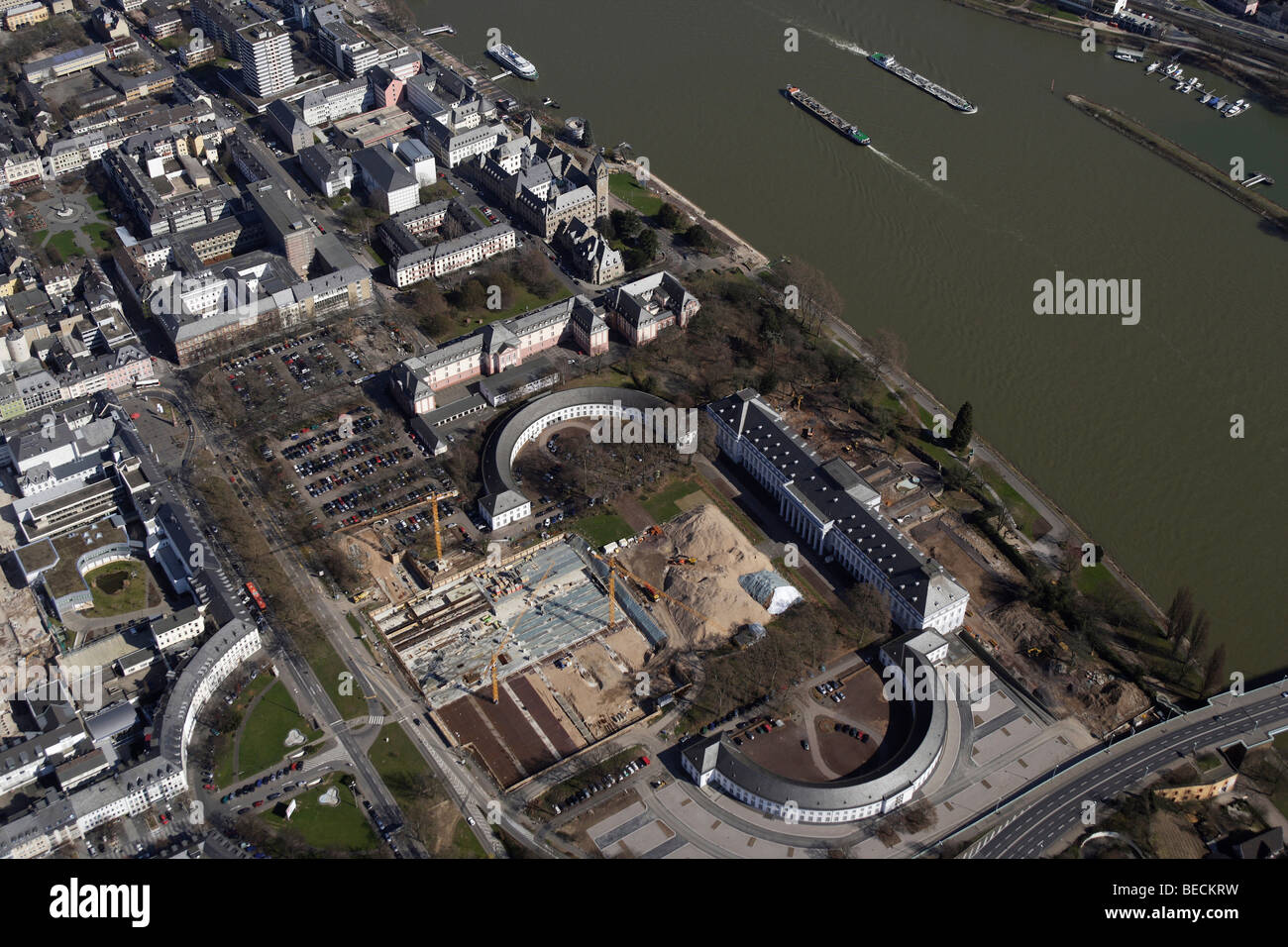 Aerial photo, building site for the BUGA Federal horticulture show 2011 next to the Kurfuerstliche Schloss Electoral Palace, Ko Stock Photo