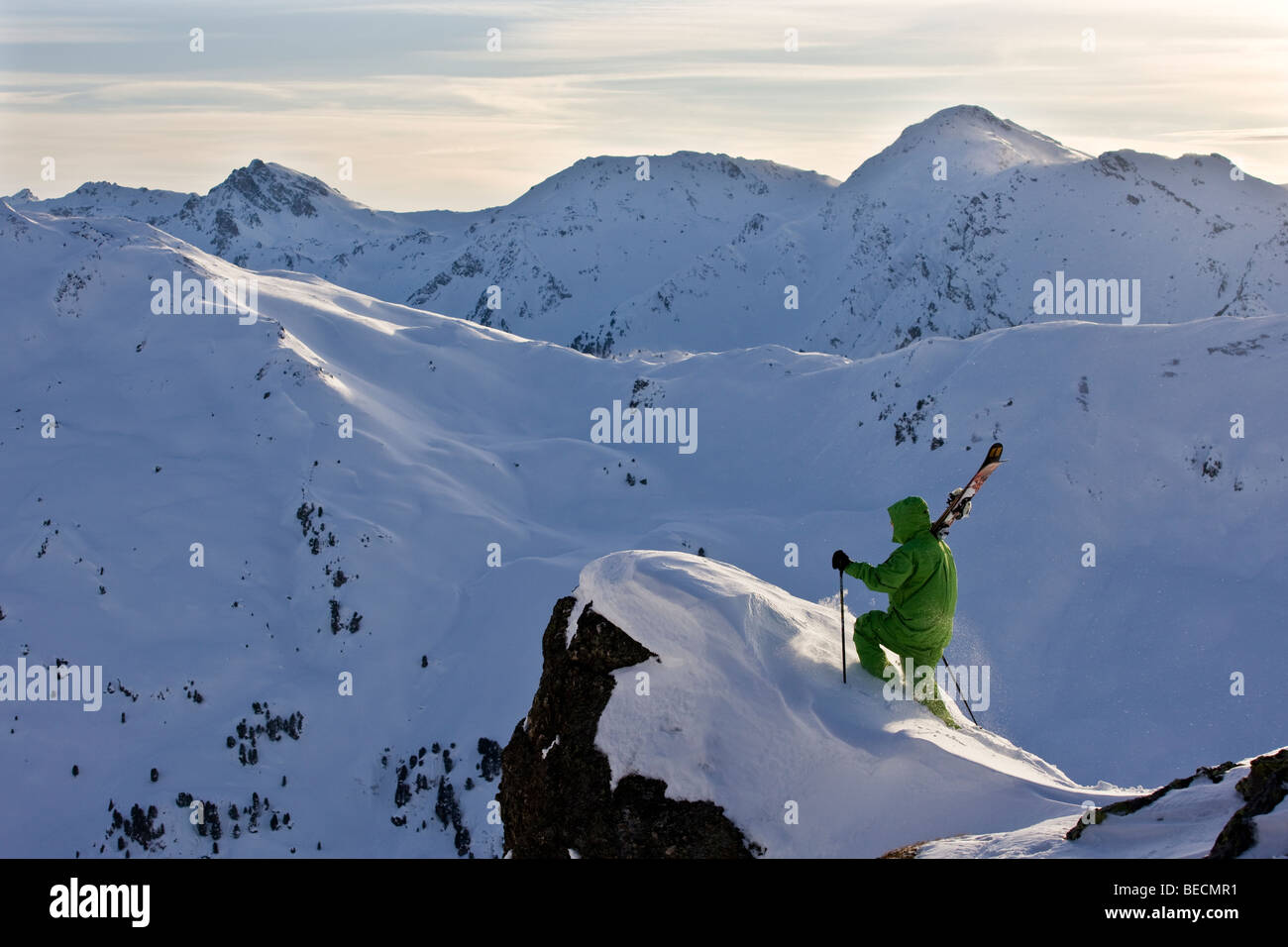 Freestyle skier on the way to a downhill ski run, Hochfuegen Zillertal
