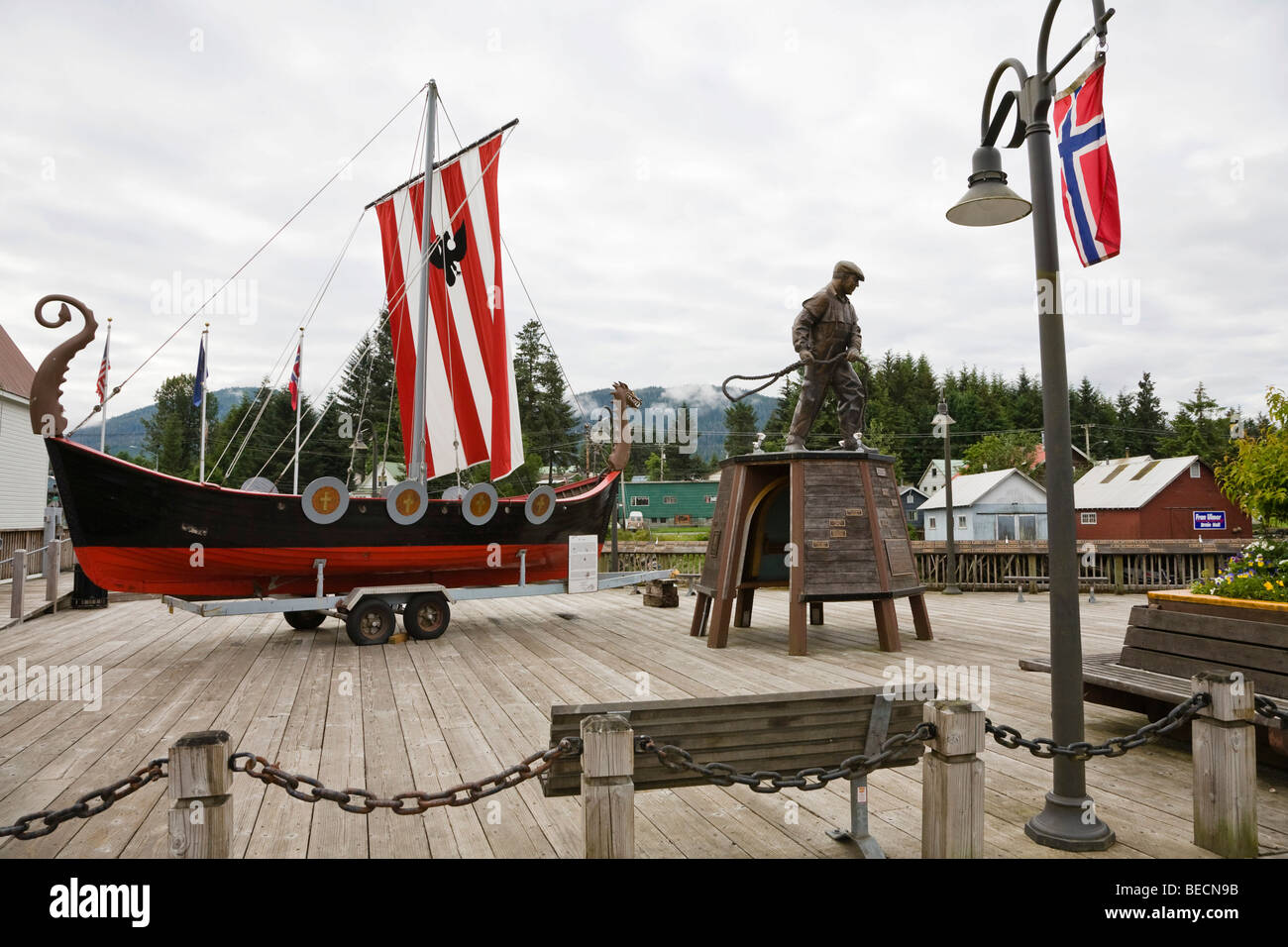 Bojer Wikan Fishermen's Memorial Park with Viking Ship, Sons of Norway Hall, Petersburg, Inside Passage, Alaska, USA Stock Photo
