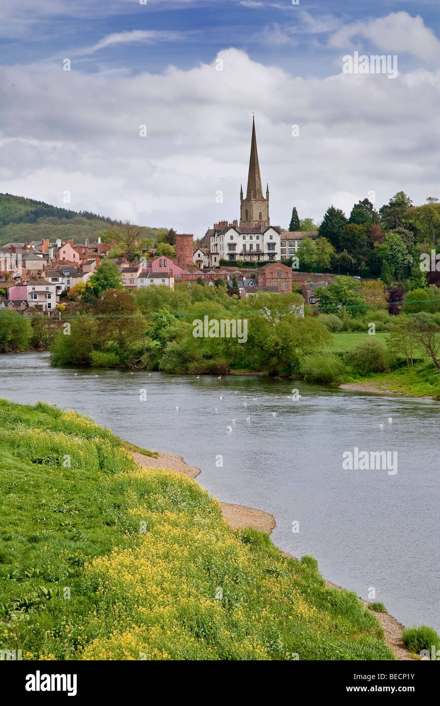 Town of Ross-on-Wye in Herefordshire with church steeple and River Wye in foreground. Stock Photo