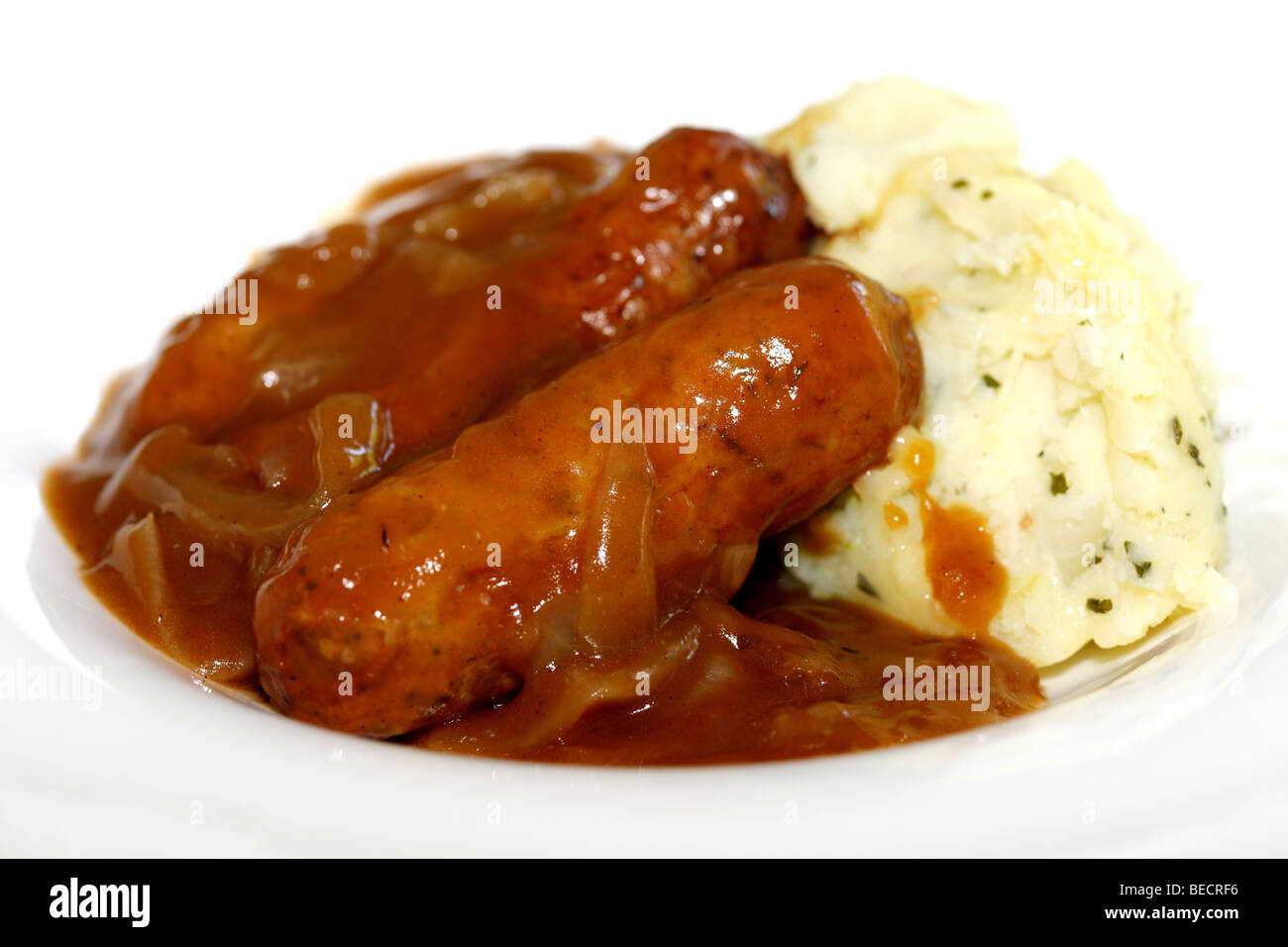 Lincolnshire Sausages With Cheddar And Bacon Mash Potatoes Bubble And Squeak And No People Stock Photo