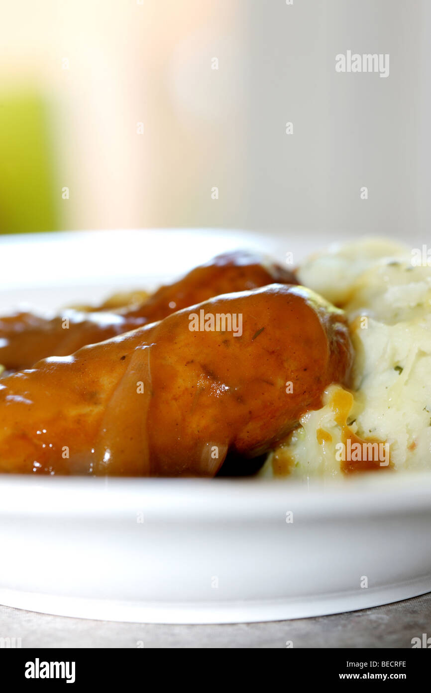 Lincolnshire Sausages With Cheddar And Bacon Mash Potatoes Bubble And Squeak And No People Stock Photo