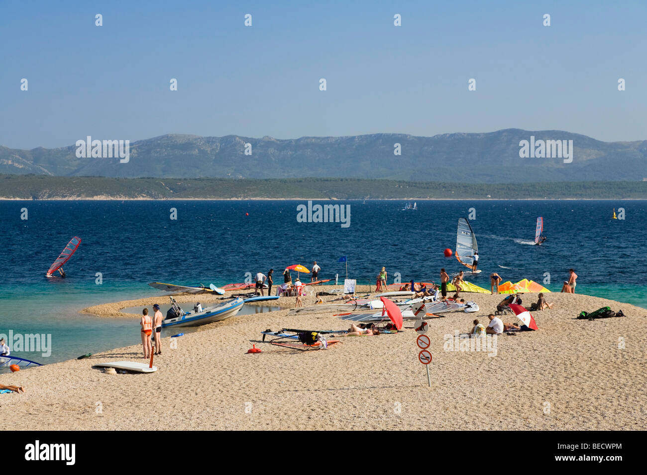 Wind surfers on Zlatni Rat Beach, Bol, Brac Island, Dalmatia, Croatia, Adriatic Sea, Mediterranean, Europe Stock Photo
