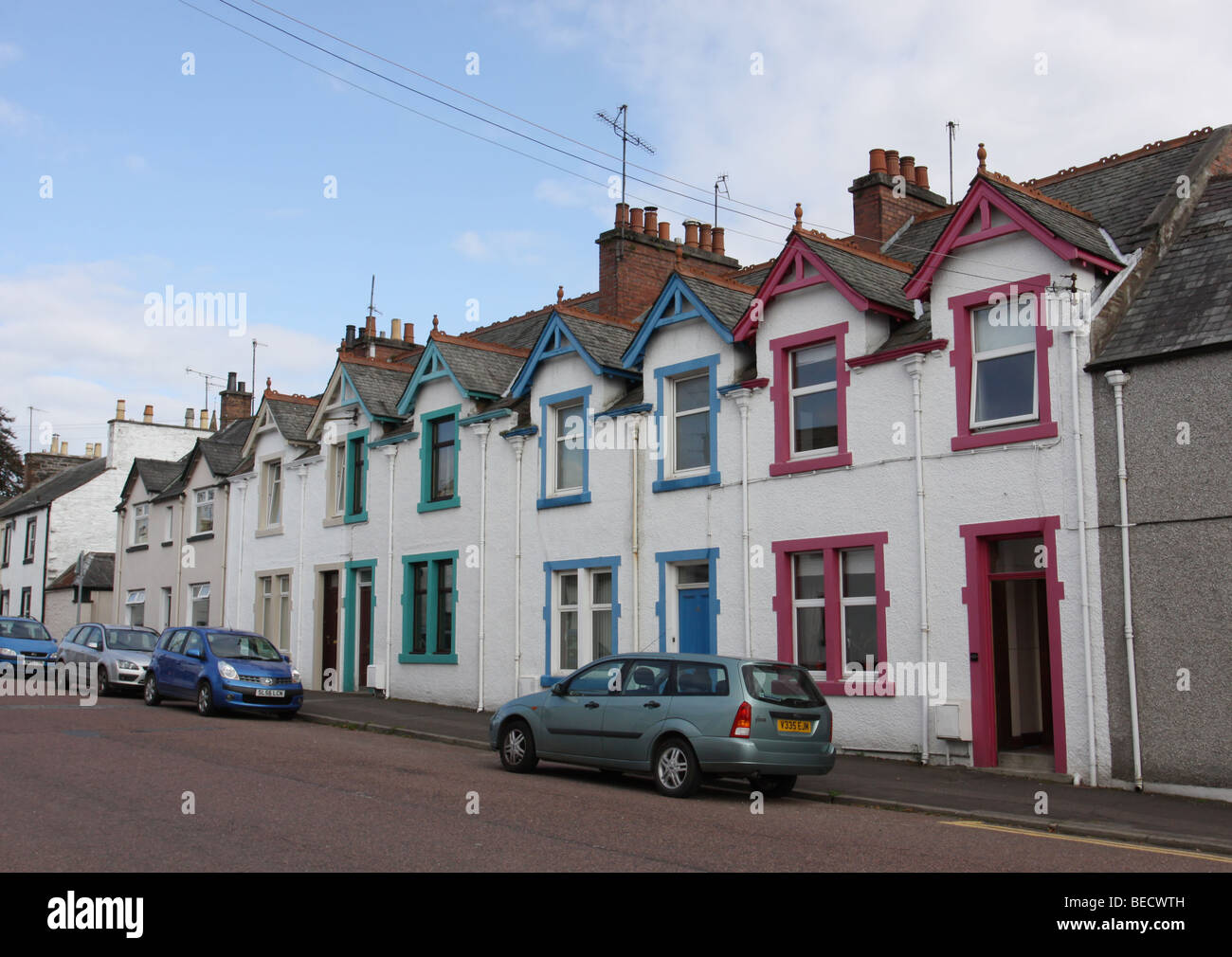colourful terraced residential houses Castle Douglas, Scotland
