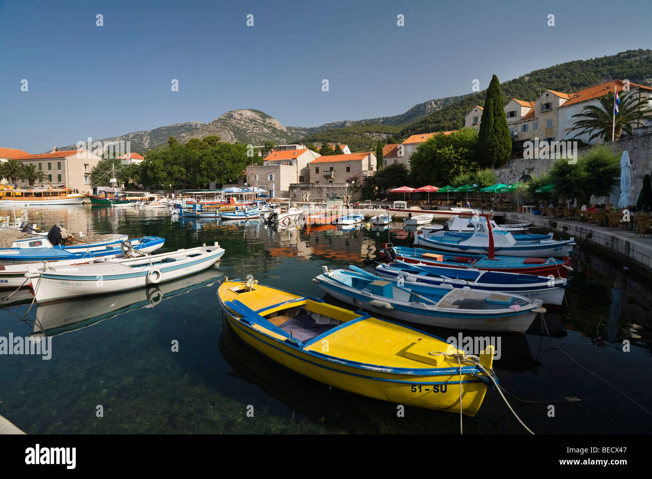 Boats in Bol harbour, Brac Island, Dalmatia, Croatia, Adriatic Sea, Mediterranean, Europe Stock Photo