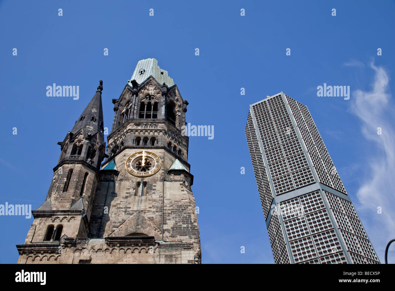 Kaiser Wilhelm Memorial Church, Gedenktniskirche, Kurfürstendamm, Berlin. Damaged spire and new belfry. Stock Photo