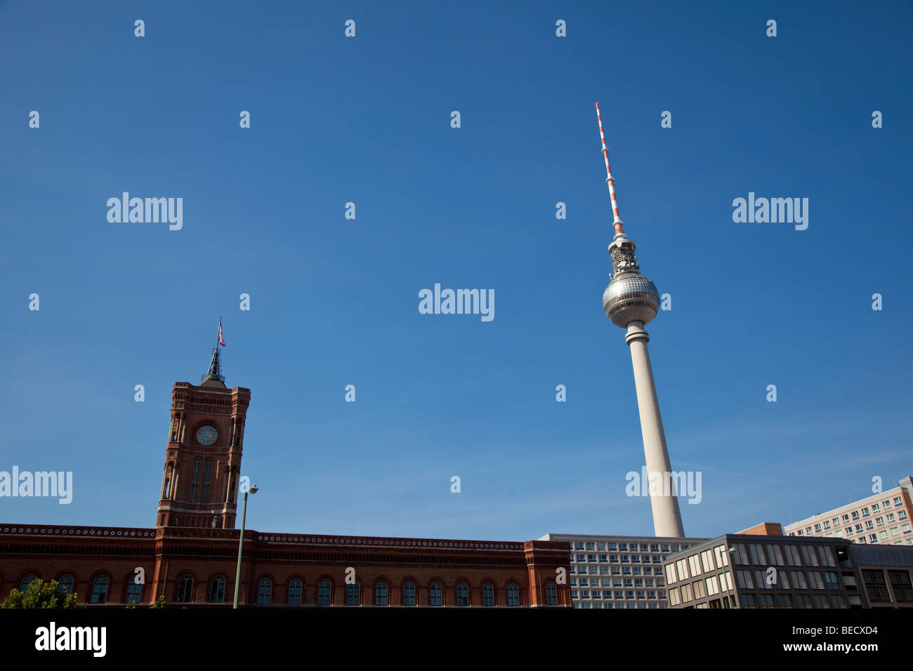 Berlin - Fersehturm und Rotes Rathaus, Television Tower and Red Town Hall Stock Photo