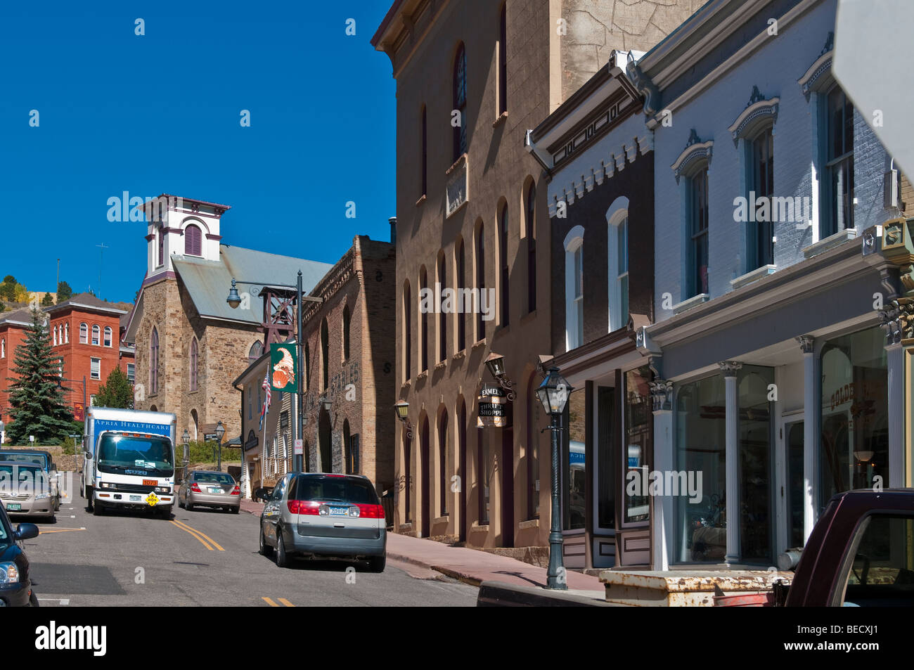Street in Central City Colorado, an old mining town now a gambling mecca. Stock Photo