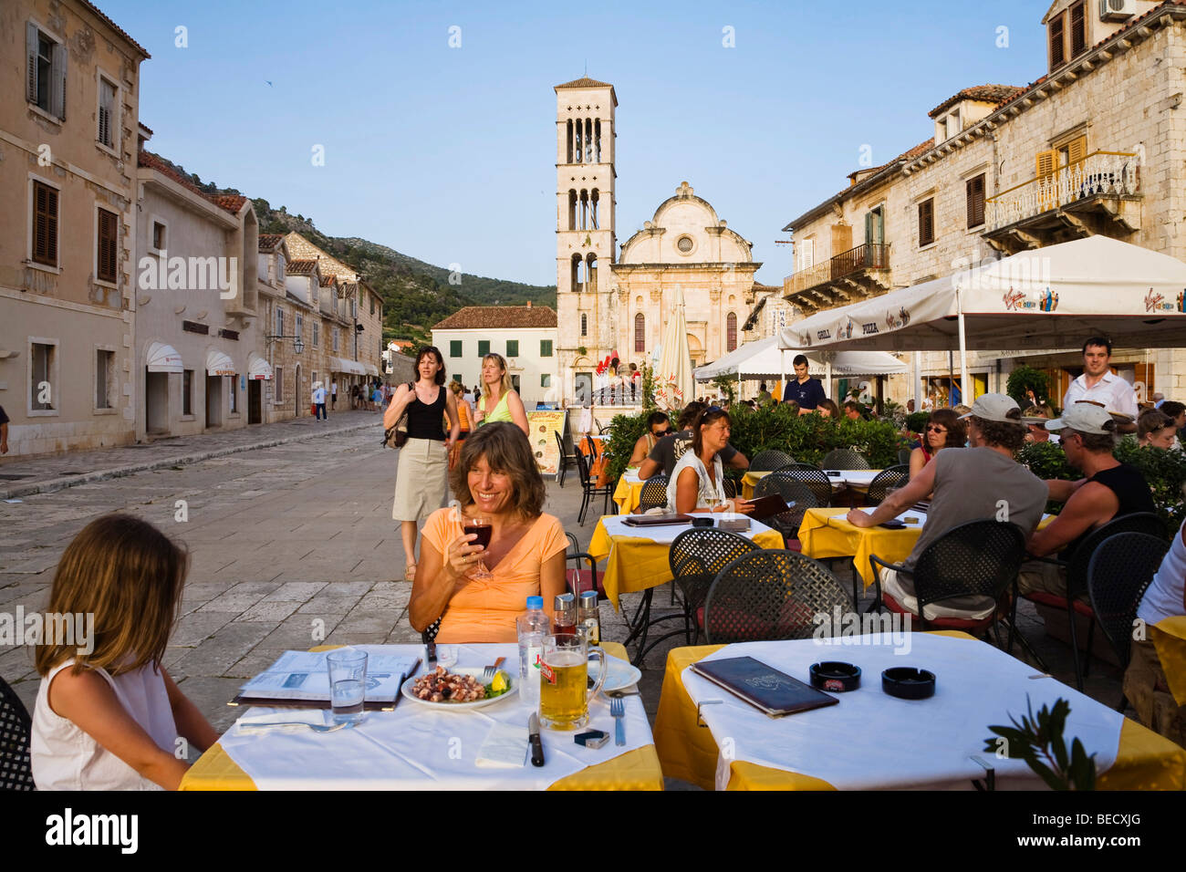 Restaurant on Sveti Stjpana Square, historic centre of Hvar, Hvar Island, Dalmatia, Croatia, Europe Stock Photo