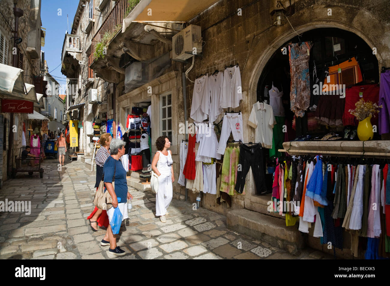 Shops in a narrow alley, historic centre of Hvar, Hvar Island, Dalmatia, Croatia, Europe Stock Photo