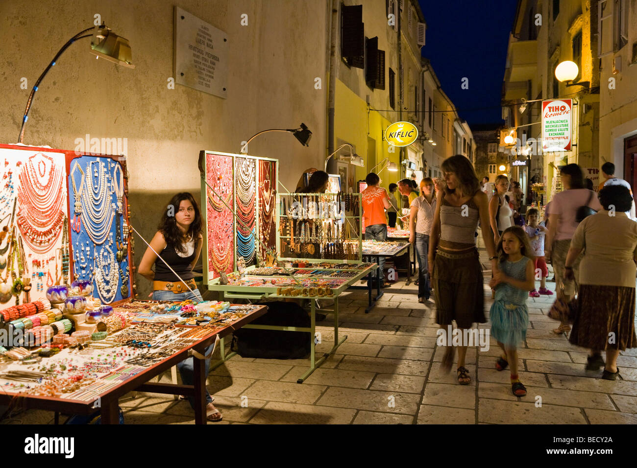 Market stalls, nightlife, historic centre of Rab, Rab Island, Istria, Croatia, Europe Stock Photo