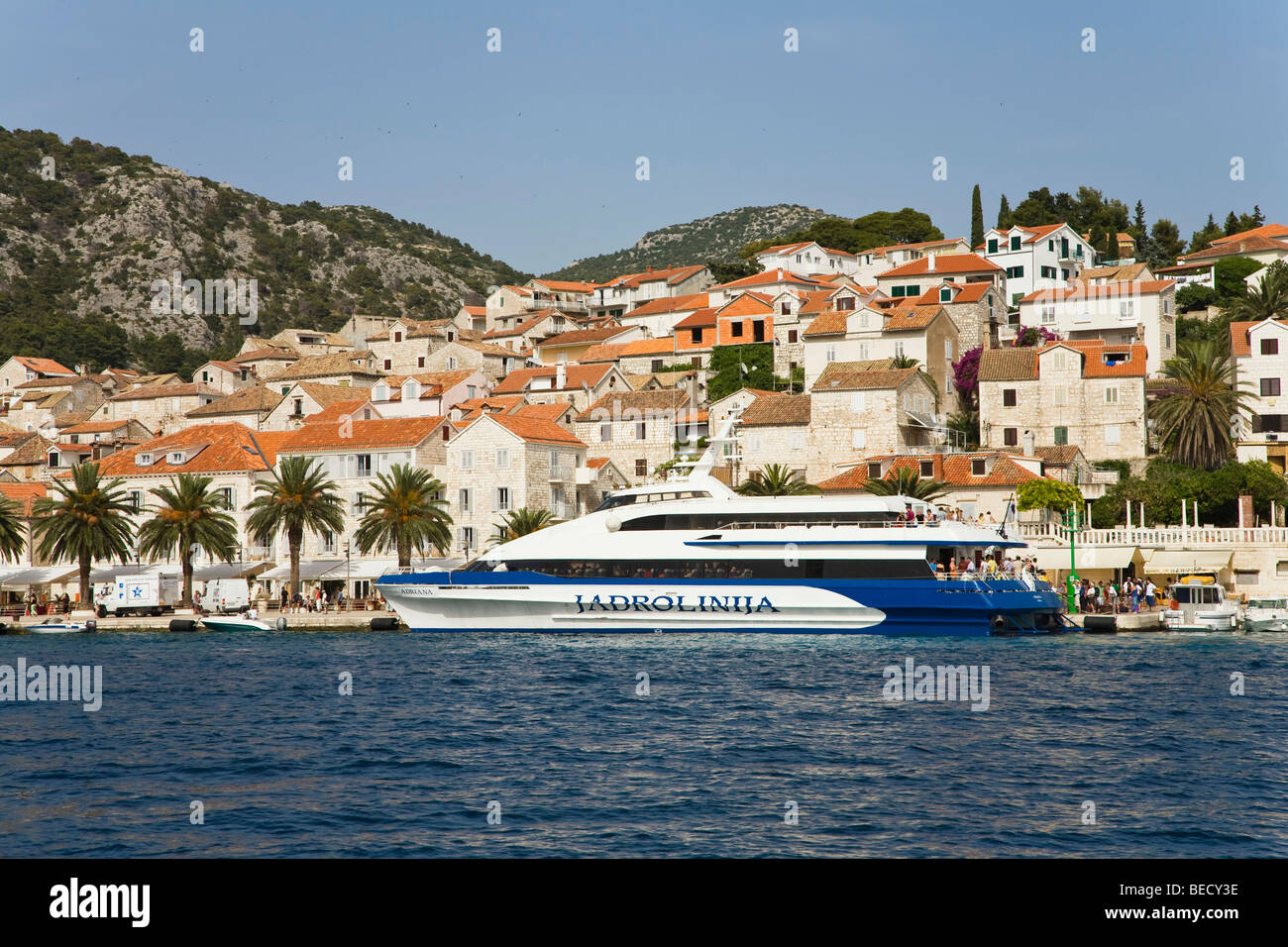 Cityscape of Hvar and a ferry, cruiser, Hvar Island, Adriatic Sea, Dalmatia, Croatia, Europe Stock Photo