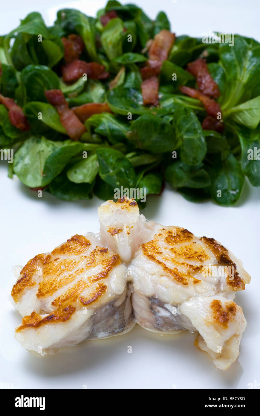 Sea-Devil fish (Lophius piscatorius) and field salad (Valerianella locusta) with roasted bacon strips Stock Photo