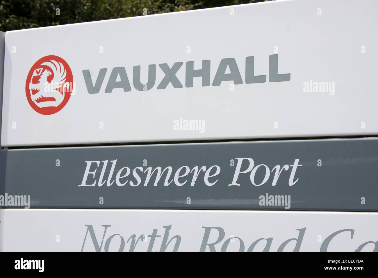 Vauxhalls car factory signeage outside the Ellesmere Port factory Stock