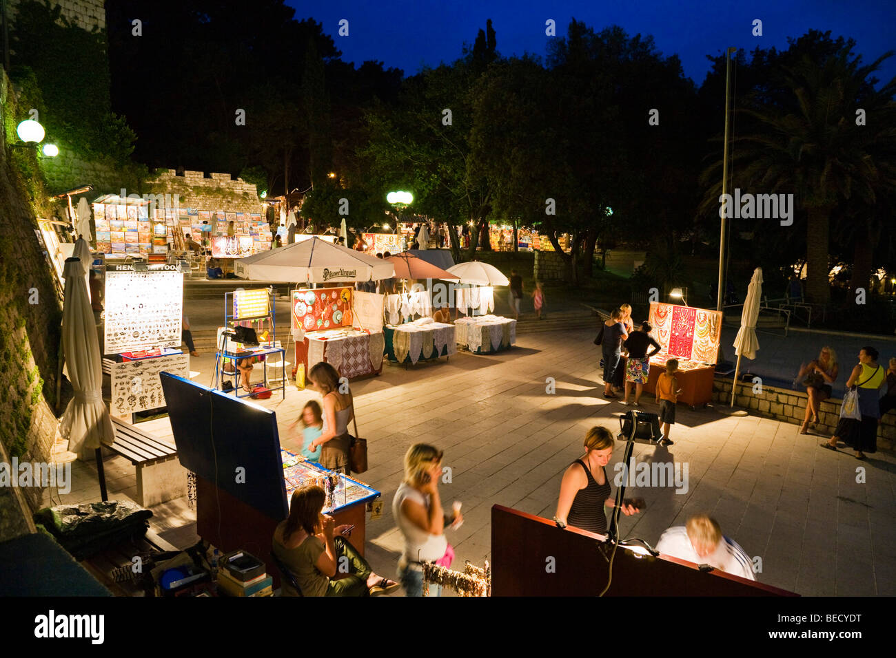 Market stalls, nightlife, historic centre of Rab, Rab Island, Istria, Croatia, Europe Stock Photo