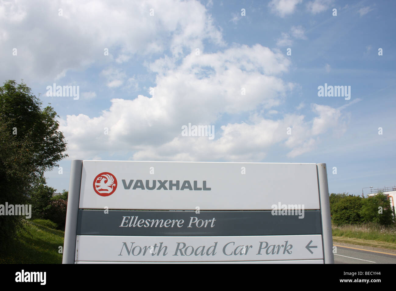Vauxhalls car factory signeage outside the Ellesmere Port factory Stock Photo