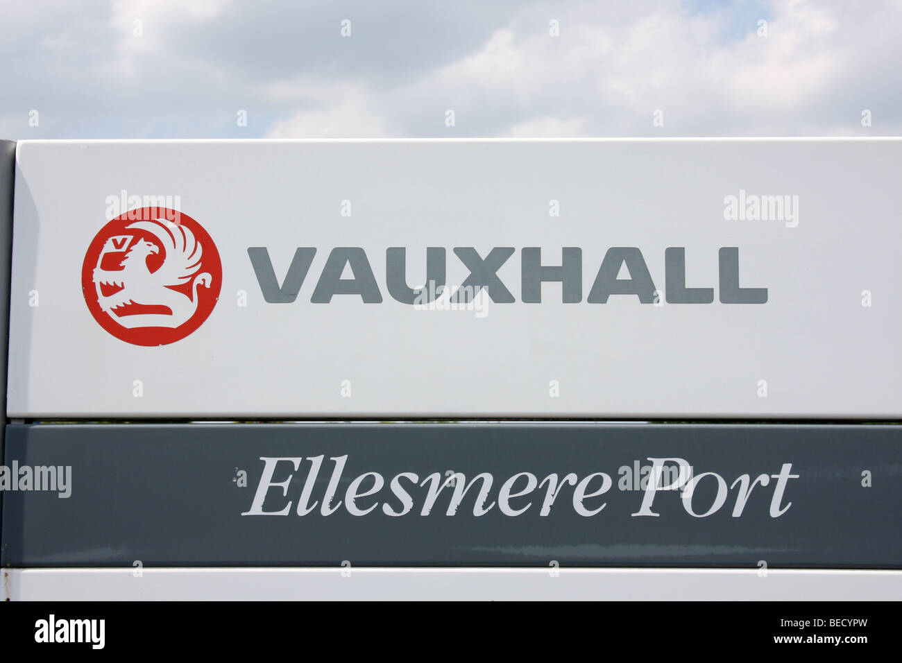 Vauxhalls car factory signeage outside the Ellesmere Port factory Stock