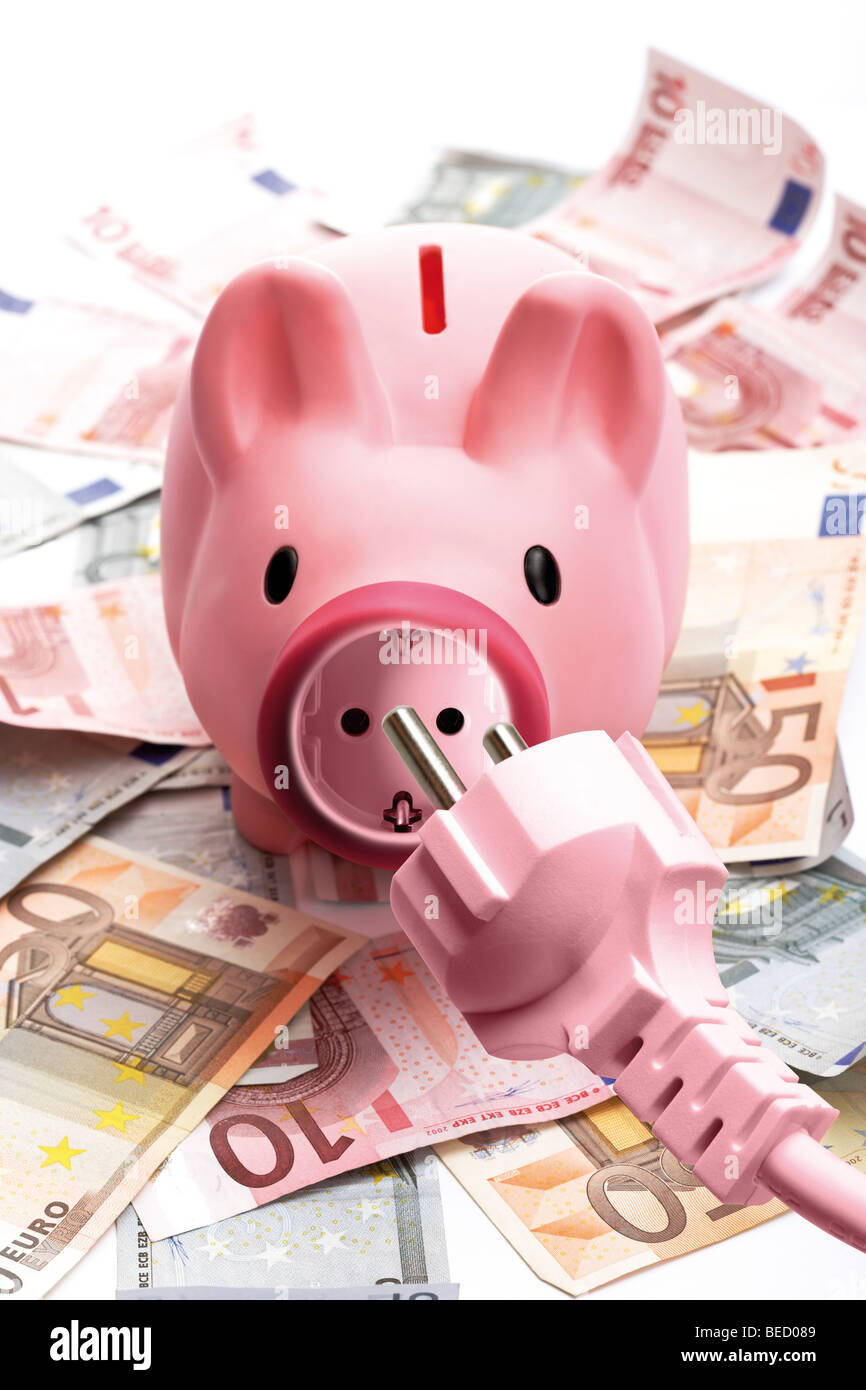 Piggy bank with power point nose and power plug on euro banknotes Stock ...