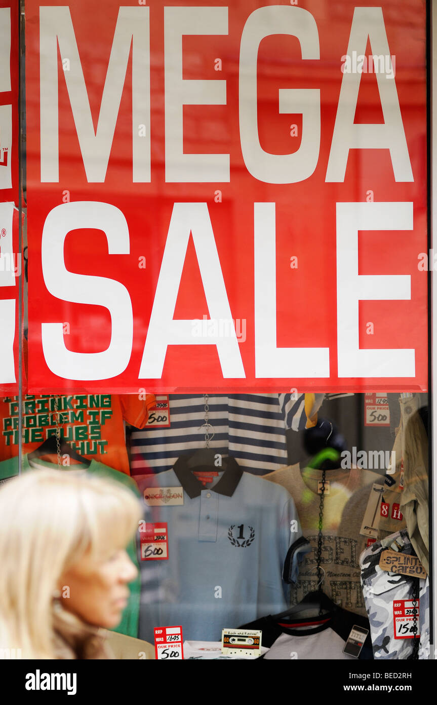 Sale Sign in a High Street Shop Window, Oxford, England, United Kingdom. Stock Photo