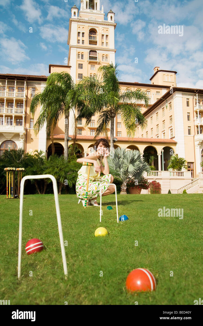 Woman playing croquet in a hotel lawn, Biltmore Hotel, Coral Gables