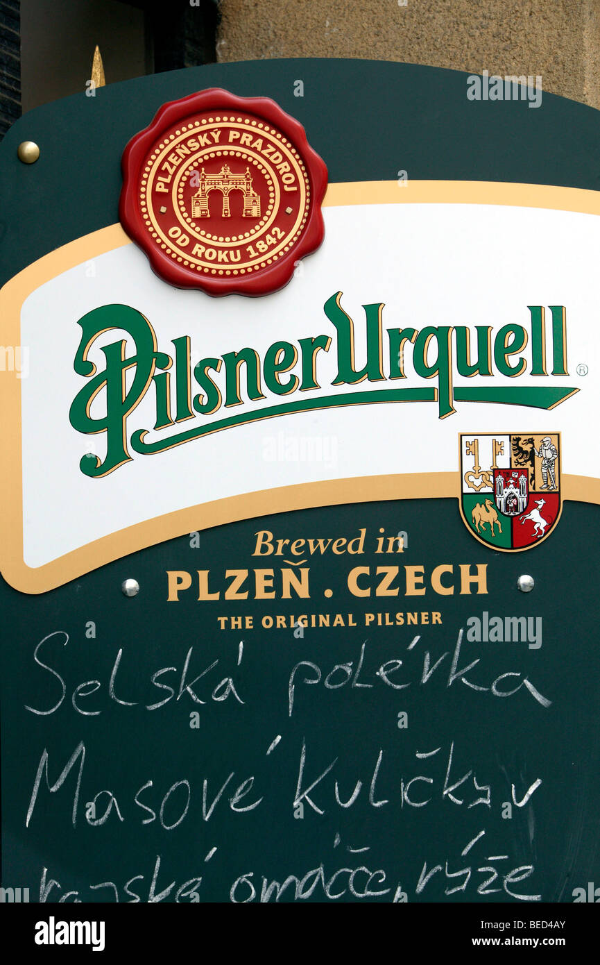 Advertisement of Pilsner Urquell, Pilsen, Plzen, Bohemia, Czech Republic, Europe. Stock Photo