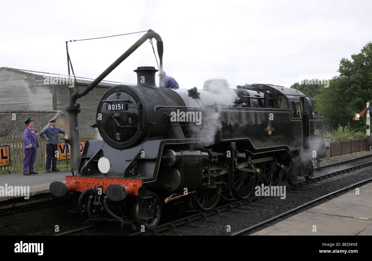 Class 4 Tank Locomotive No. 80151 at the Bluebell Railway being prepared for a steam day Stock Photo