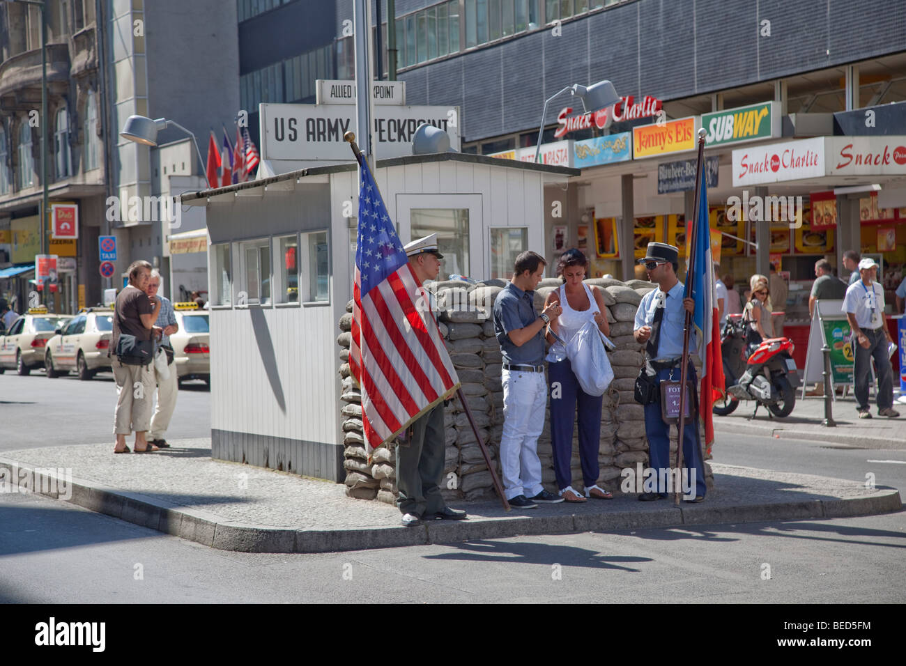 Checkpoint Charlie, former crossing point in Berlin Wall during Cold War, Berlin, Germany Stock Photo