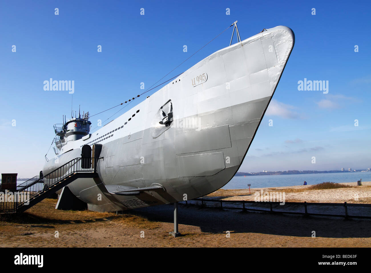 Museums ship, U-995 submarine at a beach near Kiel in Baltic Sea seaside resort town of Laboe, Schleswig-Holstein, Germany, Eur Stock Photo