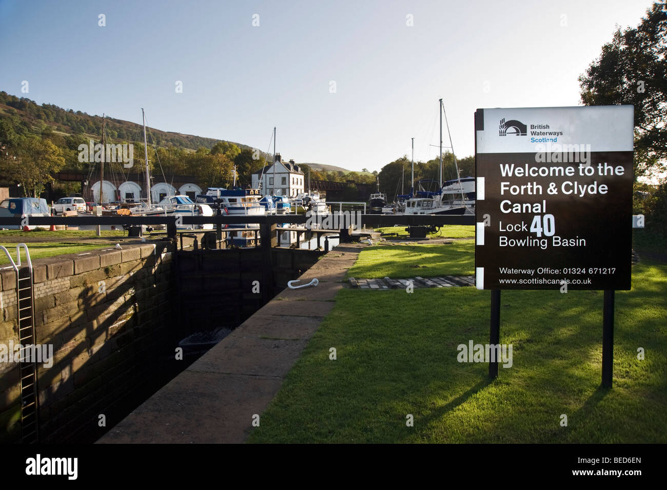 Bowling Basin which lies at the western end of the Forth & Clyde canal, and is open to the River Clyde, Glasgow, Scotland, UK Stock Photo