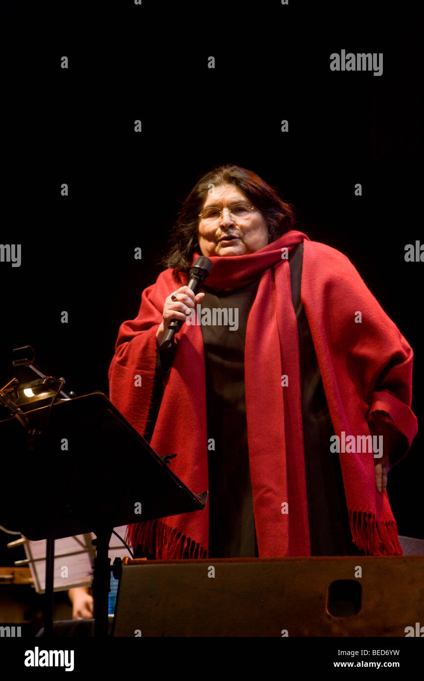 Argentine folk singer Mercedes Sosa singing in a gig in Buenos Aires. Stock Photo