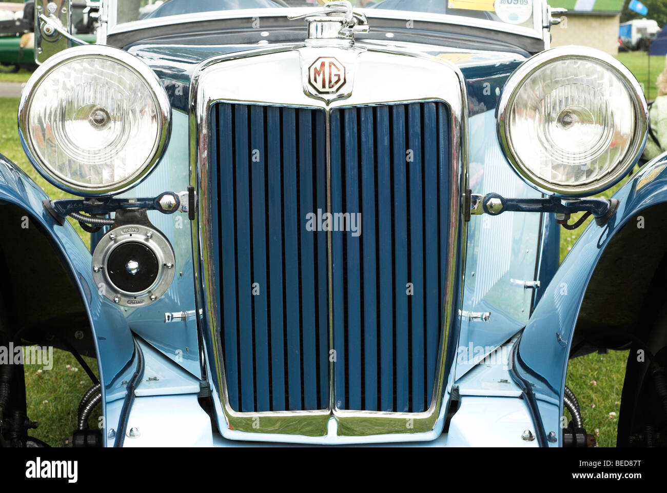 Frontage including badge, headlights and grill of a 1935 MG PB 2 str Classic Sports Car. Stock Photo