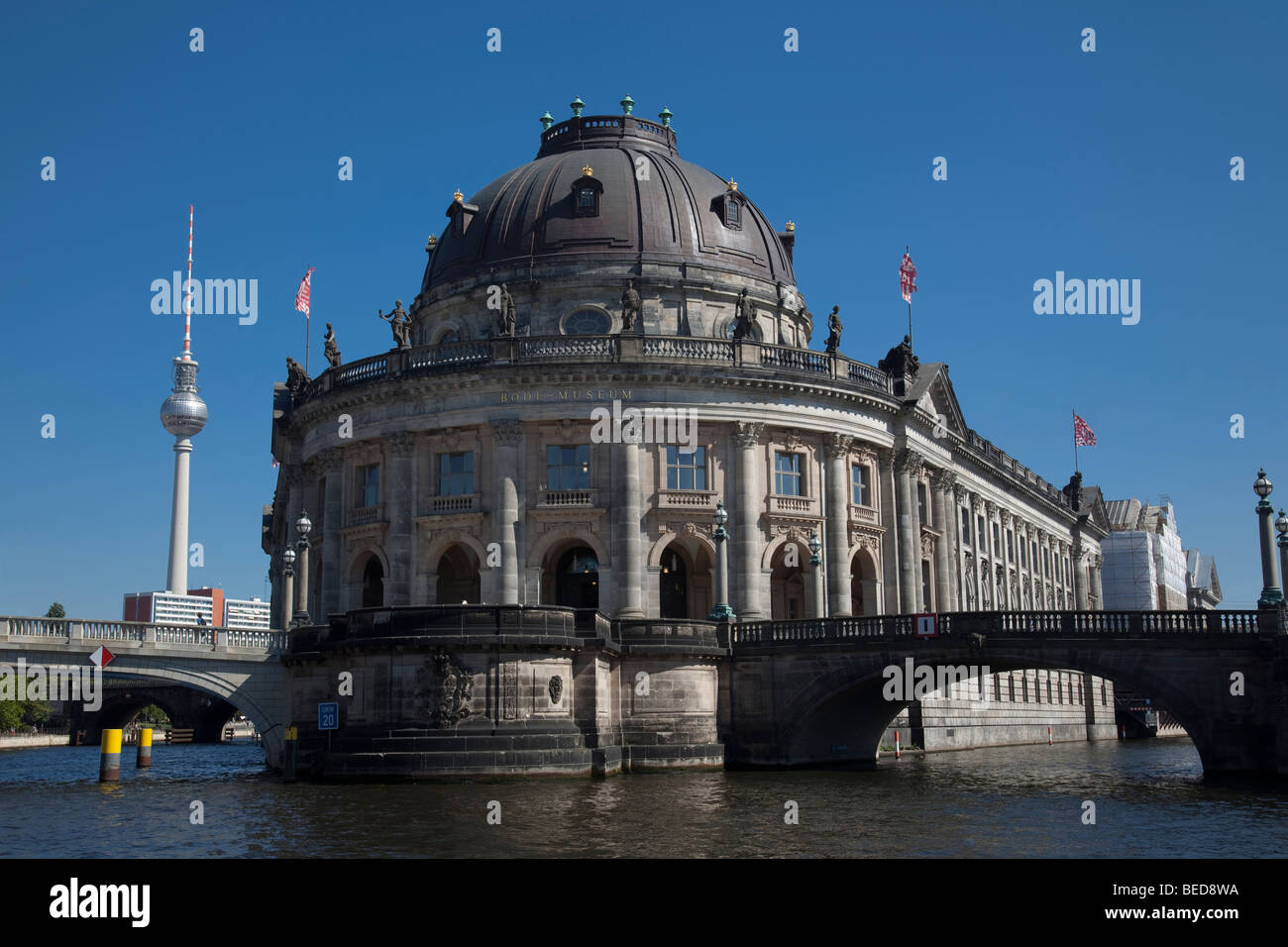 Bodemuseum, on Spree river, Berlin, Germany. with television tower in background Stock Photo