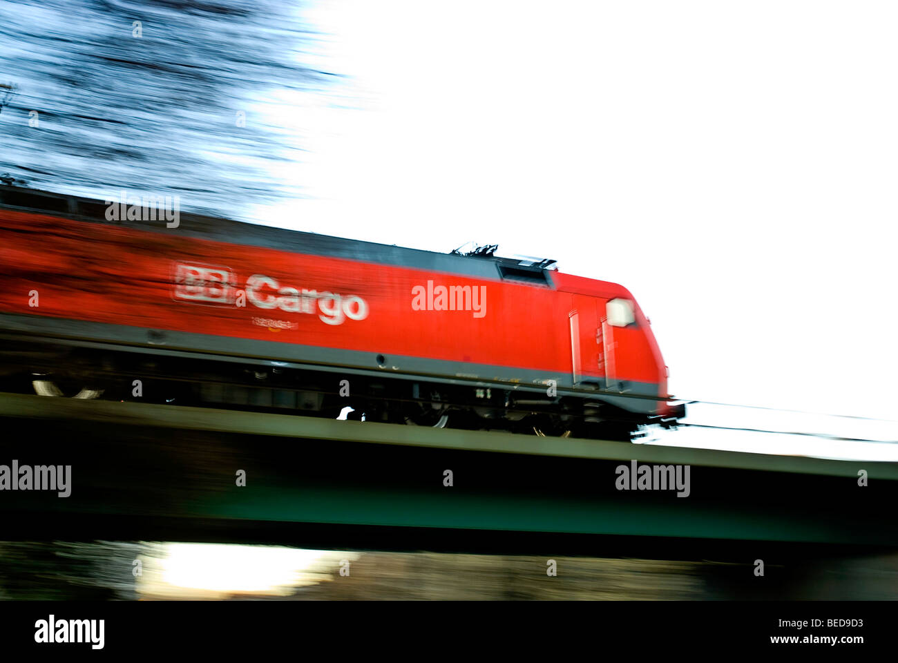 Locomotive crossing a bridge, DB Cargo, Germany, Europe Stock Photo