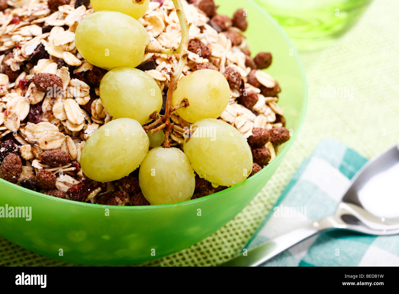 Chocolate muesli with grapes Stock Photo