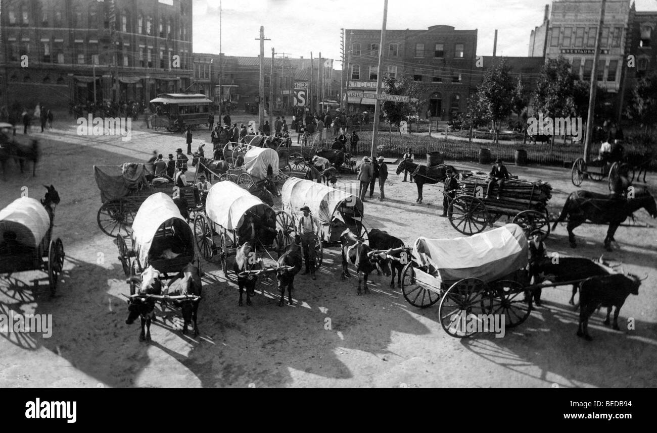 Horse-drawn carts, historic photograph, around 1905, USA Stock Photo