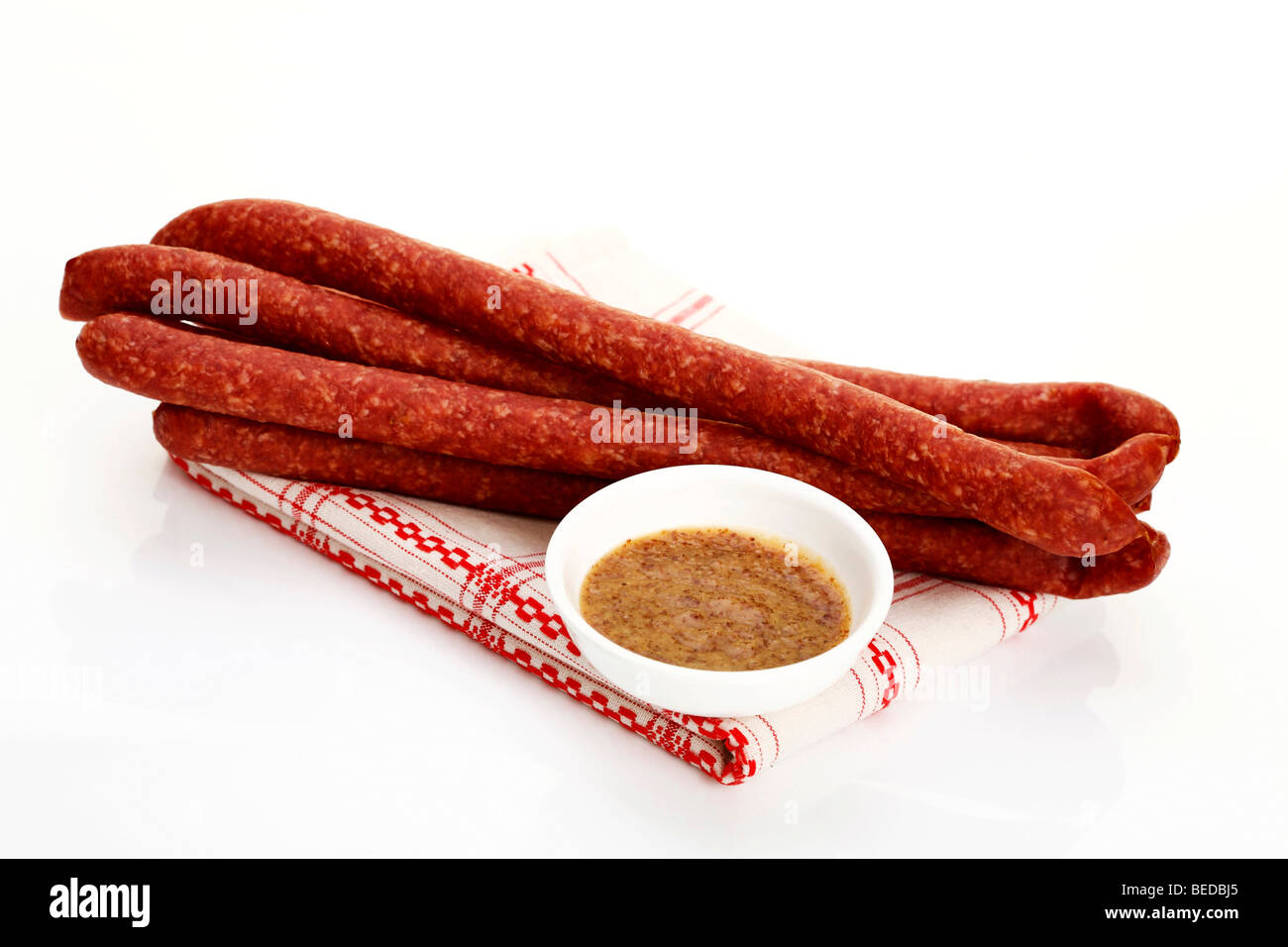 Ham Mettwurst sausages with sweet mustard Stock Photo