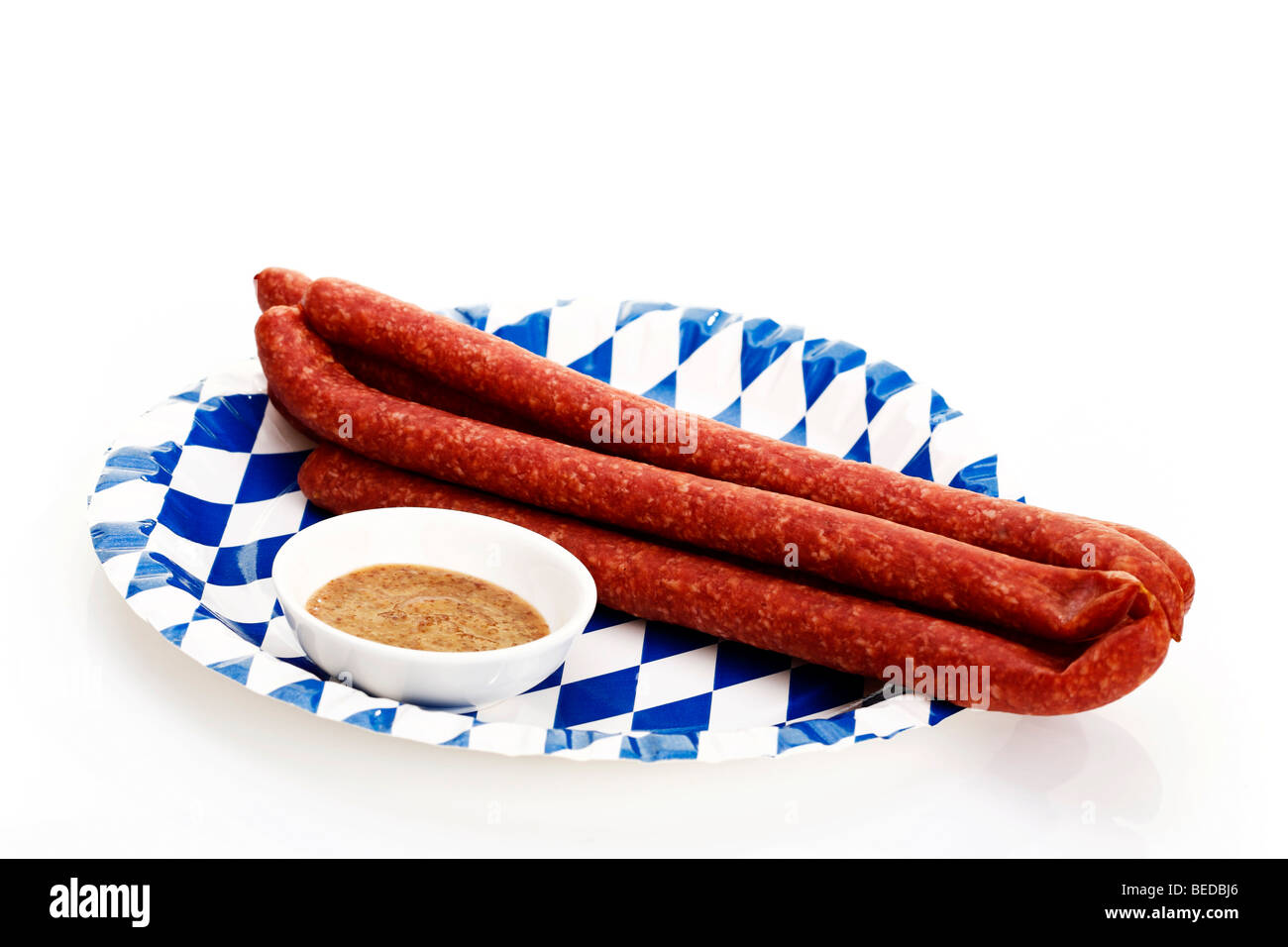 Ham Mettwurst sausages with sweet mustard, Bavarian Stock Photo