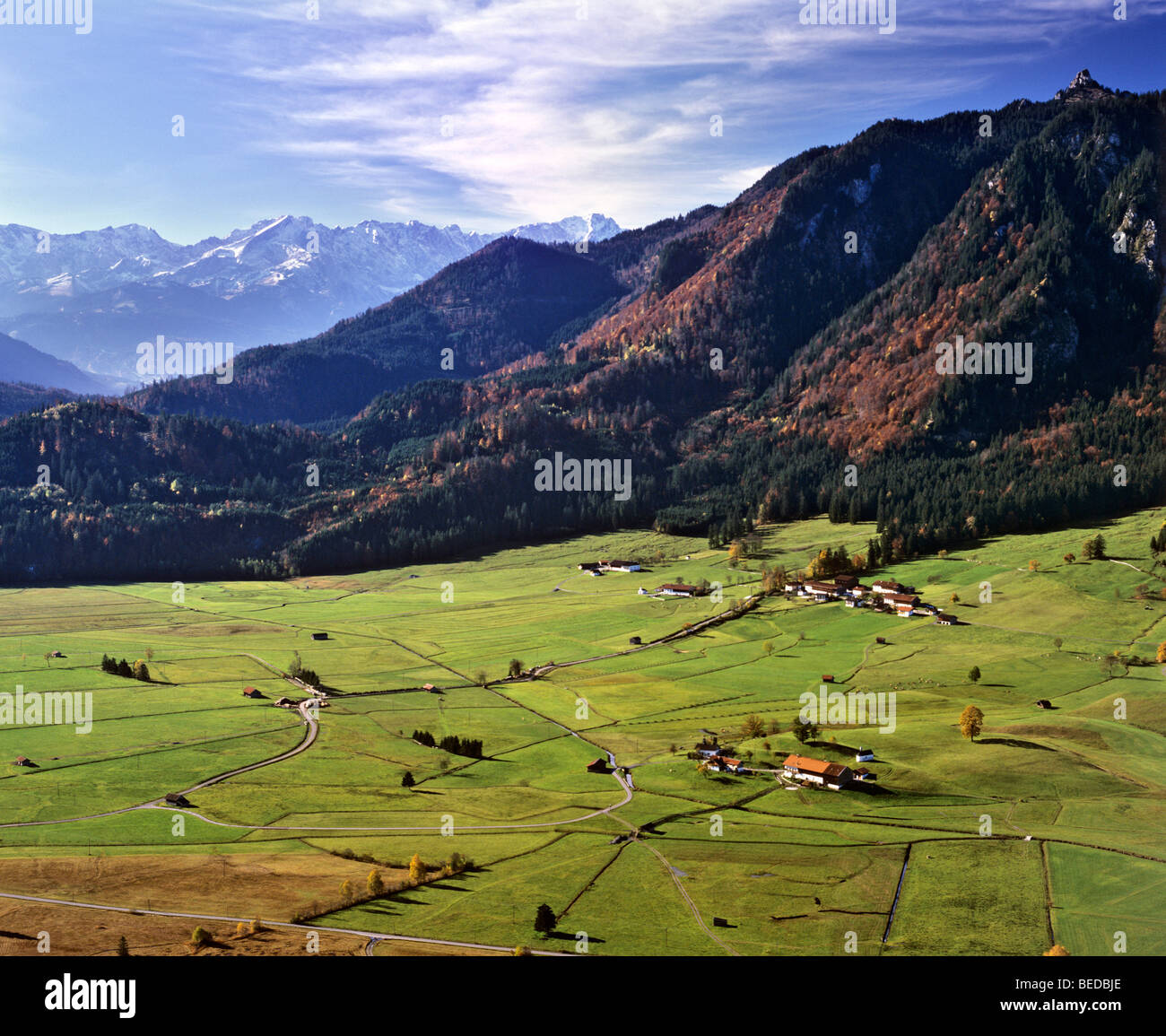 Aerial picture, Schwaigen near Eschenlohe, Mt Ettaler Mandl, Werdenfels, Wetterstein Range, Upper Bavaria, Germany, Europe Stock Photo