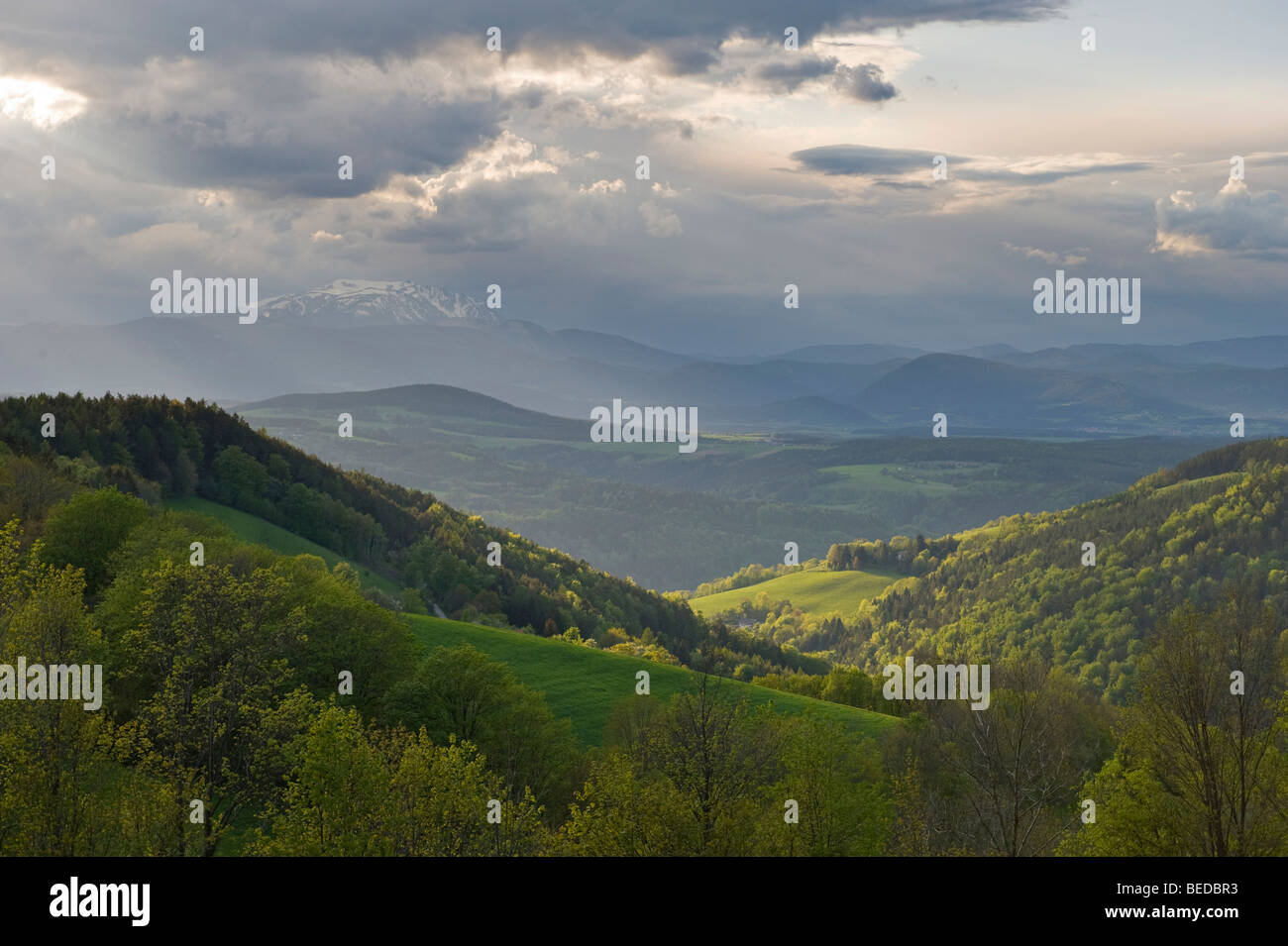 View towards Schneeberg mountain with an approaching thunderstorm, Bucklige Welt, Lower Austria, Austria, Europe Stock Photo