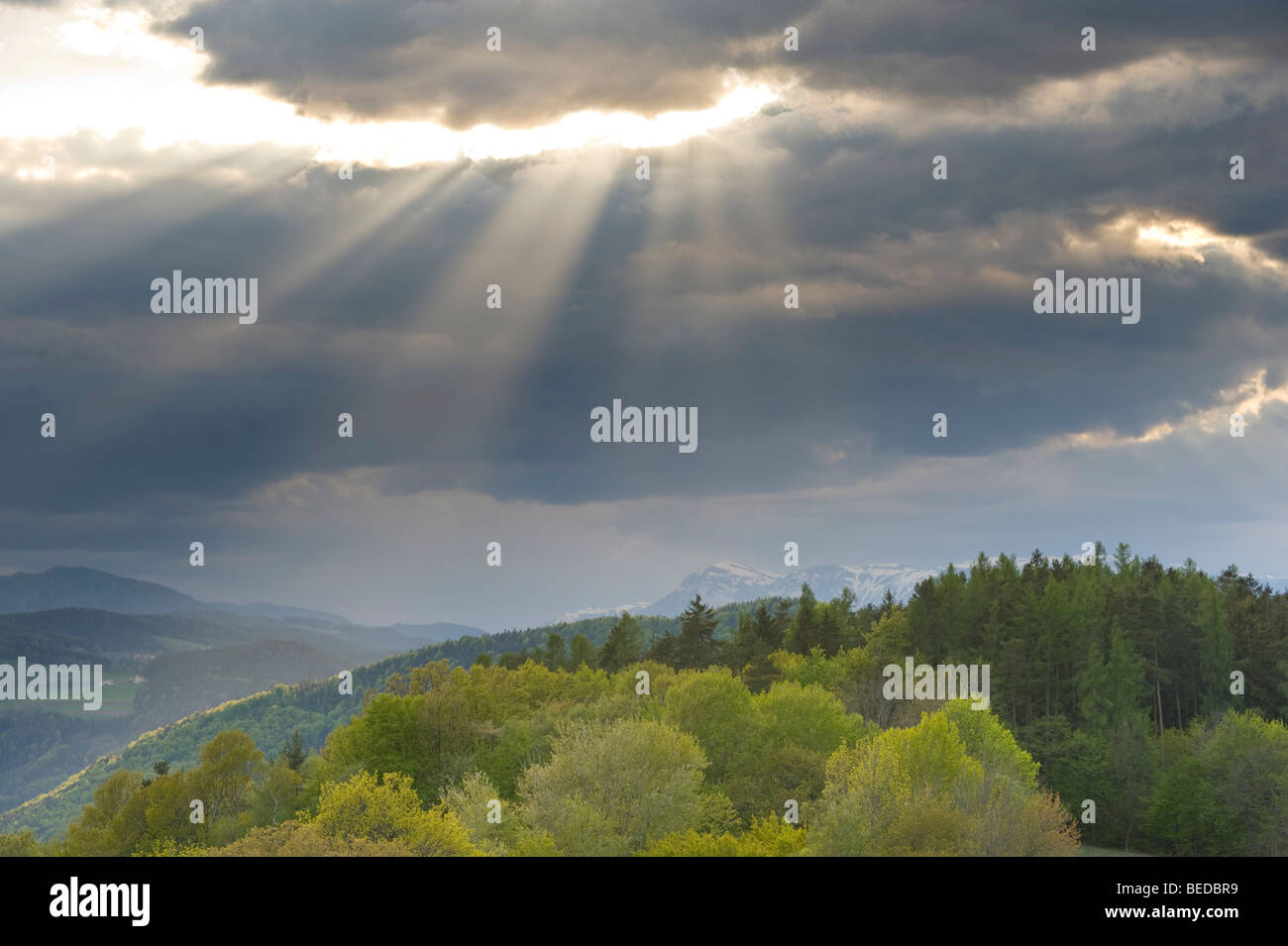 View towards Rax mountain range and Heukuppe peak with an approaching thunderstorm, Bucklige Welt, Lower Austria, Austria, Euro Stock Photo
