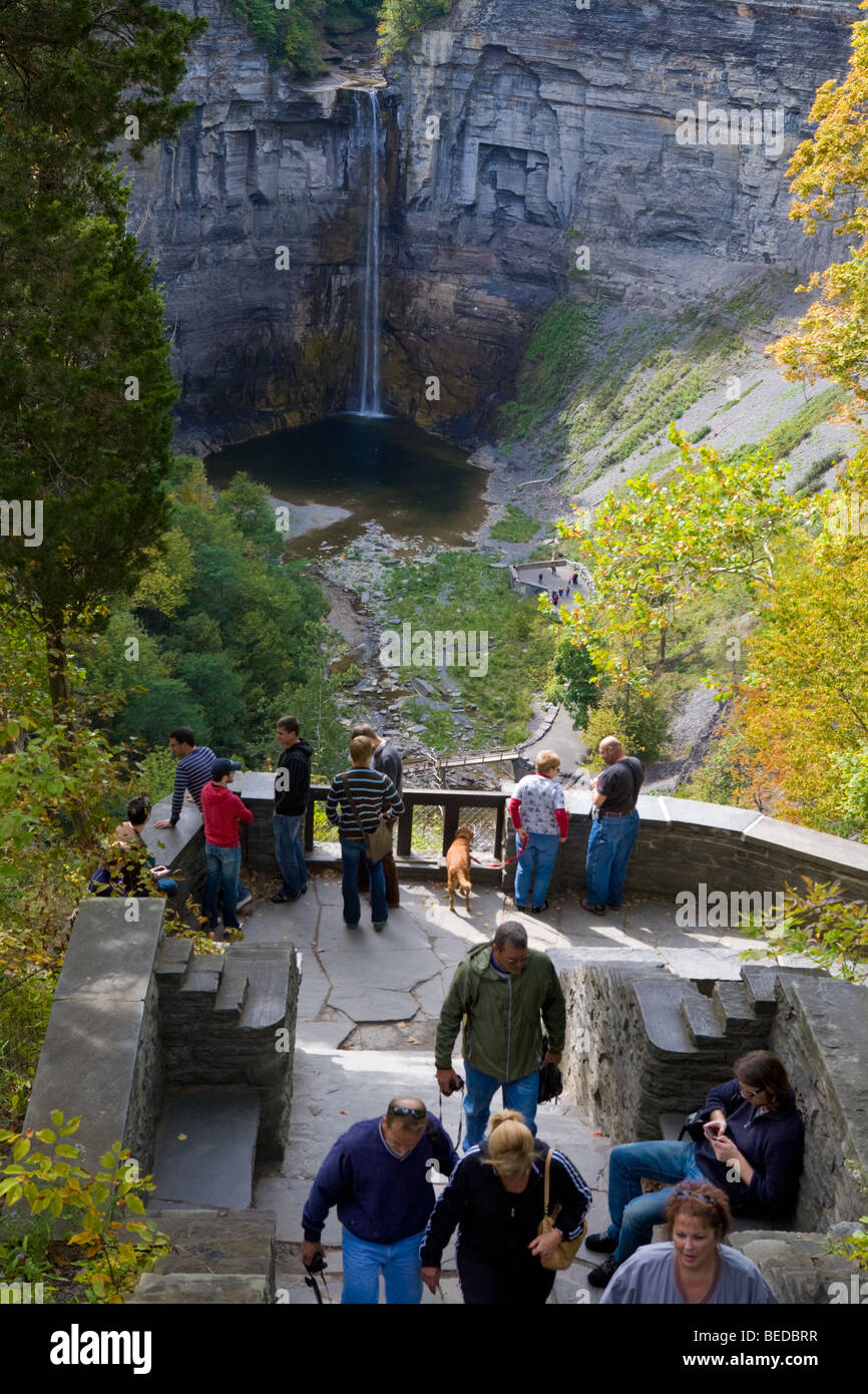 Crowds throng to overlook at Taughannock Falls near Lake Cayuga Finger Lakes New York Stock Photo