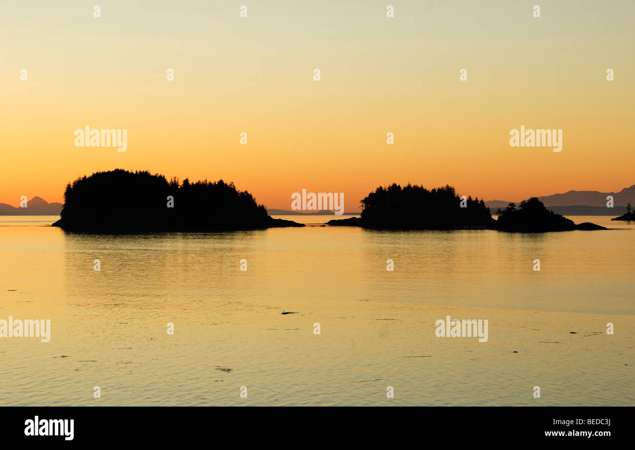 Group of islands near Port Hardy before sunrise, Inside Passage, Vancouver Island, Canada, North America Stock Photo