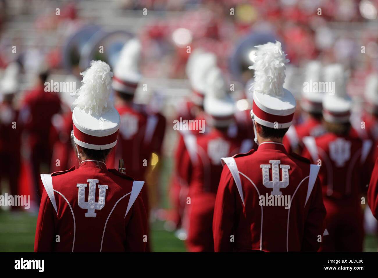 Members of the Marching 100 at an Indiana University football game. Stock Photo